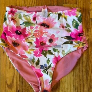 Reversible coral reef Floral Pink High-Waisted Bikini Bottom